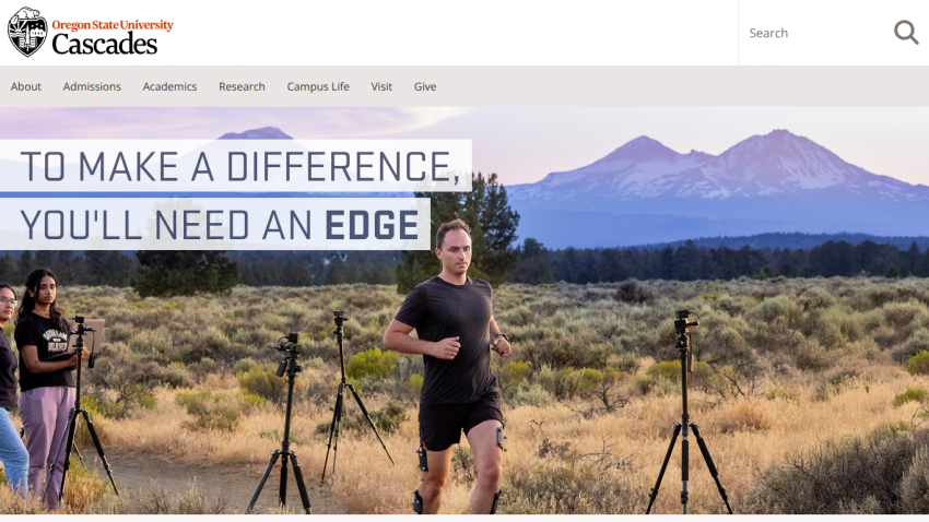 Oregon State University Cascades website with a runner in a field and mountains in the background, headline about making a difference
