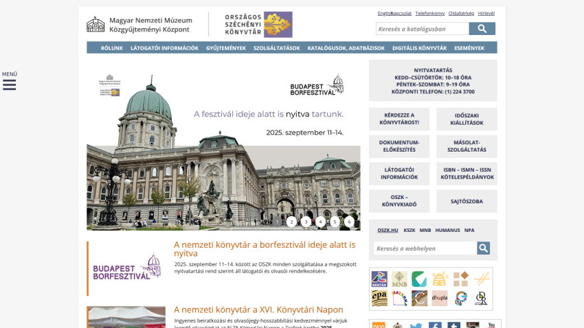 Homepage of the Hungarian National Museum with navigation and featured content.