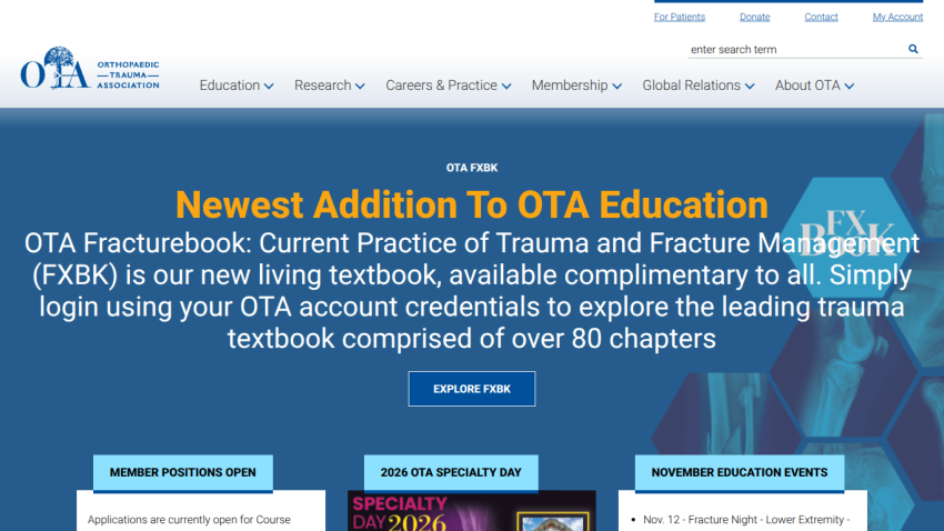 Orthopaedic Trauma Association homepage highlighting new OTA Fracturebook educational resource and upcoming events