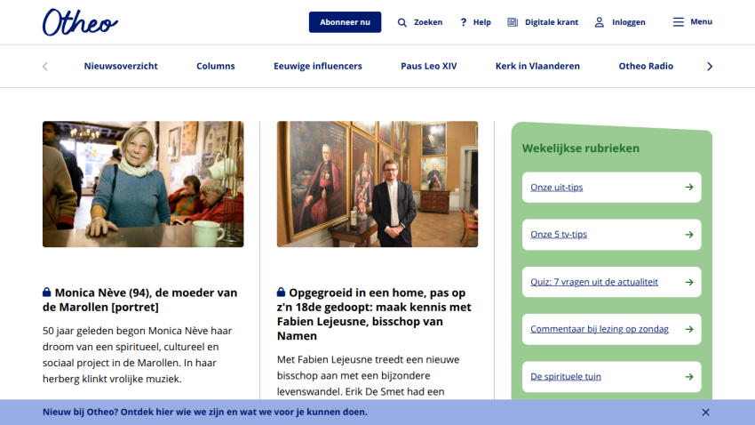 Otheo website with news articles about Monica Nève and Fabien Lejeusne, plus weekly sections links