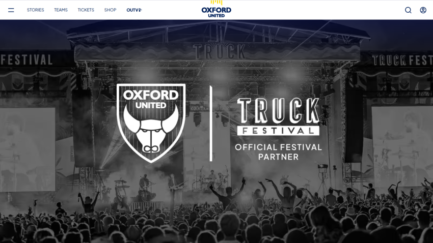 Oxford United website header with navigation and hero section showing Truck Festival official partner announcement