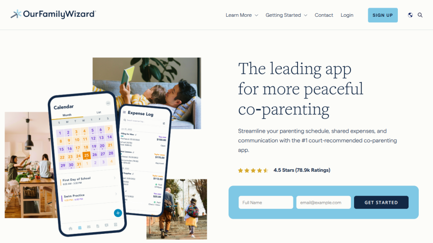 Homepage of OurFamilyWizard showcasing co-parenting app features and ratings.