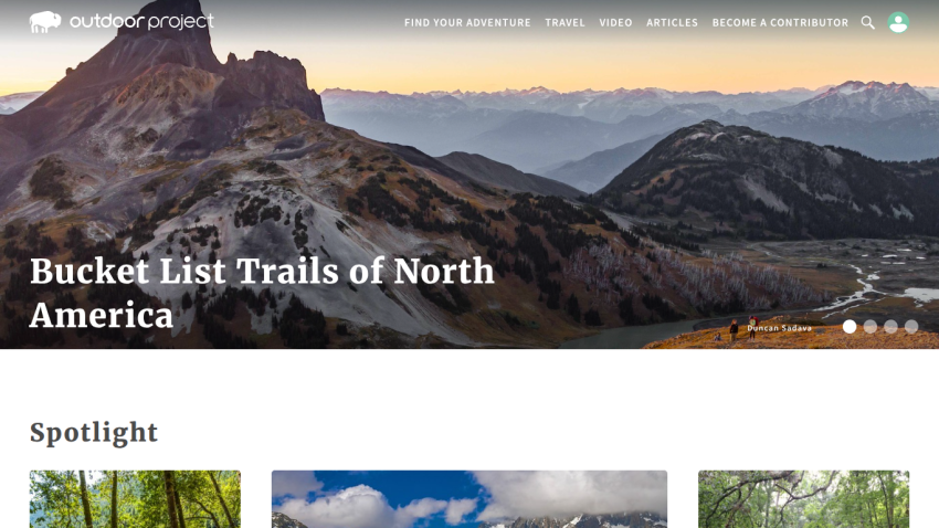 Homepage featuring 'Bucket List Trails of North America' with scenic mountain background and spotlight images.