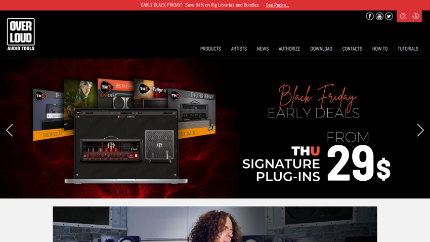 Overloud Audio Tools website with Black Friday early deals on TH-U signature plug-ins from $29