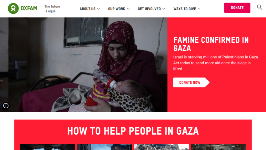 Oxfam website highlighting famine in Gaza with a call to donate.