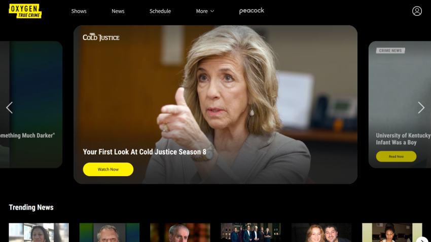 Homepage featuring a headline about 'Cold Justice Season 8' and trending news section.