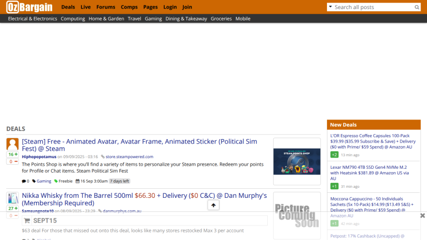 Homepage of Bargain with deals and forum posts displayed prominently.