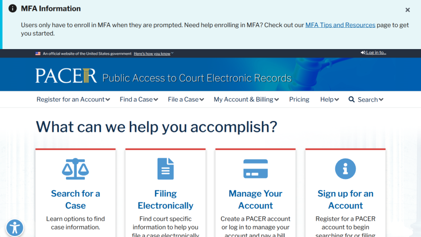 PACER website homepage offering options to search cases, file electronically, manage or sign up for an account