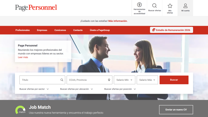 Page Personnel job search page with navigation, job search form, and Job Match tool promotion