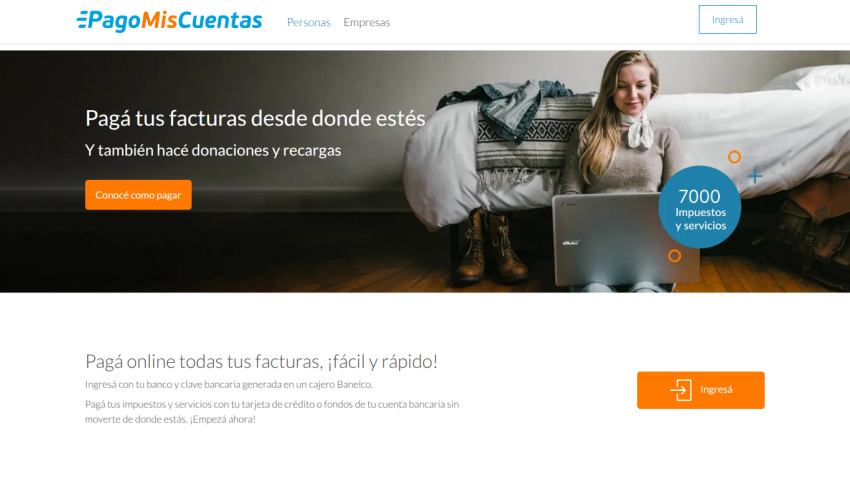 Online bill payment service homepage with a woman on a couch and a call to action button to pay bills easily.