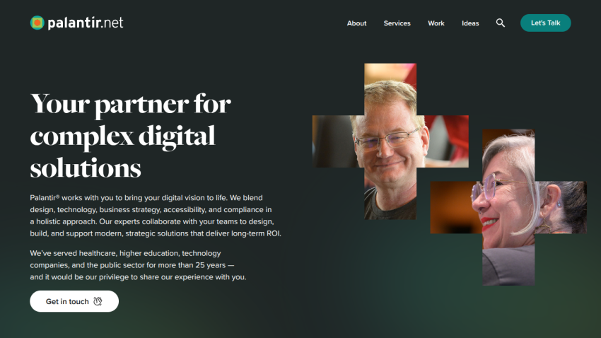 Palantir.net homepage with headline about complex digital solutions, descriptive text, and call to action button