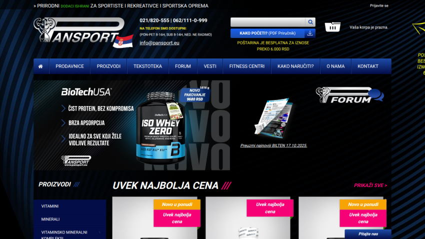 Pansport website header with navigation and hero section featuring BioTechUSA ISO Whey Zero protein supplement and product categories