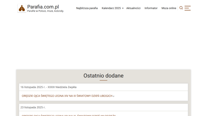 Parafia.com.pl homepage with navigation links and recent posts about religious events in November 2025
