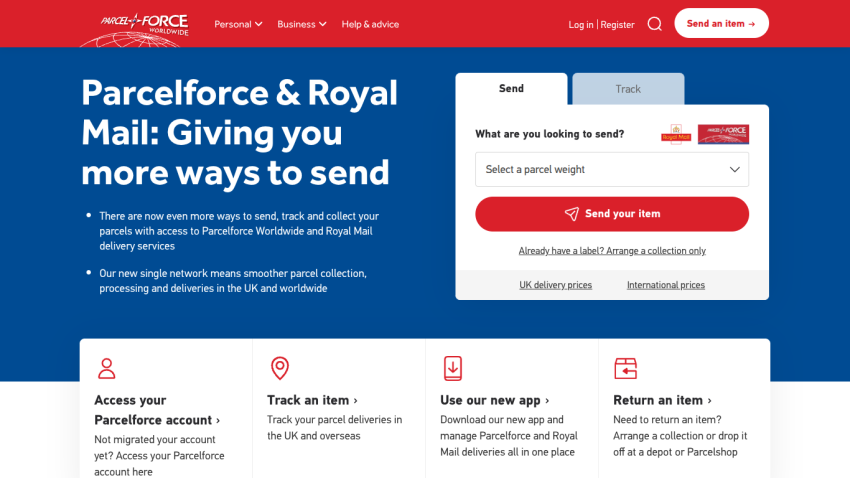Parcelforce & Royal Mail homepage with options to send items and track shipments.