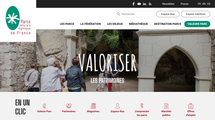 Homepage of Parcs naturels régionaux de France with navigation, search, and hero image promoting discovering territories differently