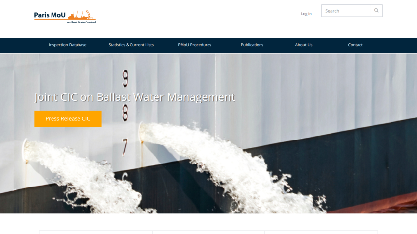 Paris MoU website with navigation and hero section on ballast water management and press release button