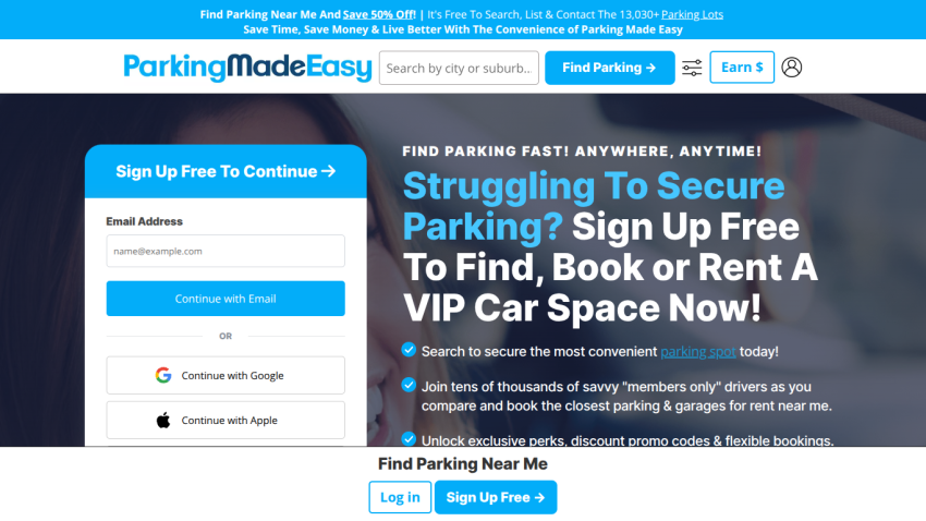 ParkingMadeEasy homepage offering free sign up to find, book, or rent VIP car parking spaces quickly and easily.