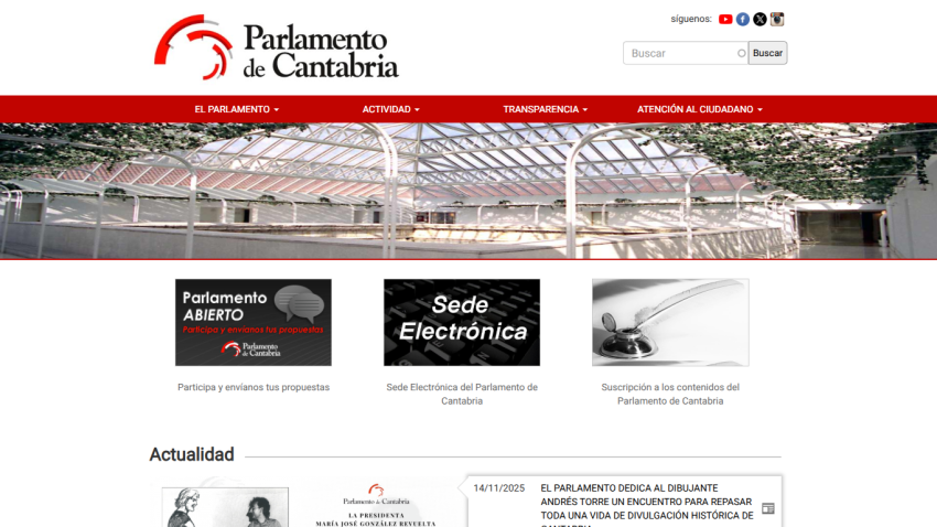 Parlamento de Cantabria website with navigation menu, search bar, and sections for participation, electronic headquarters, and subscription