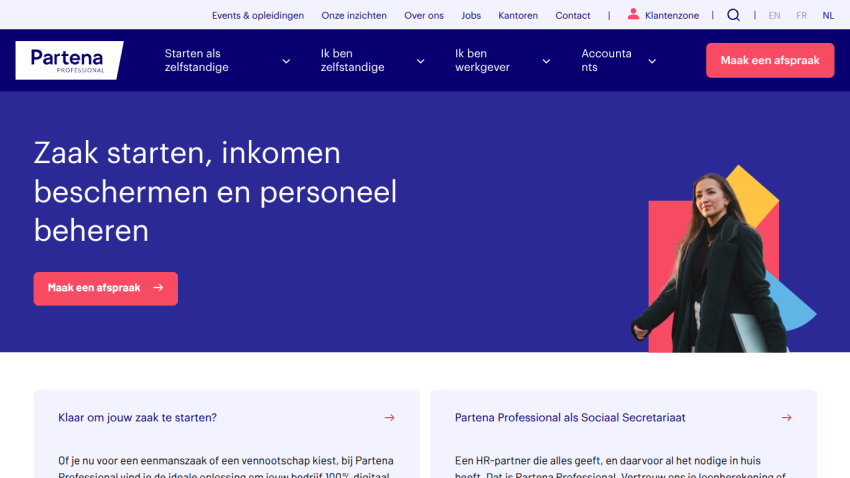 Website header and hero section offering business startup, income protection, and personnel management services with call to action button.