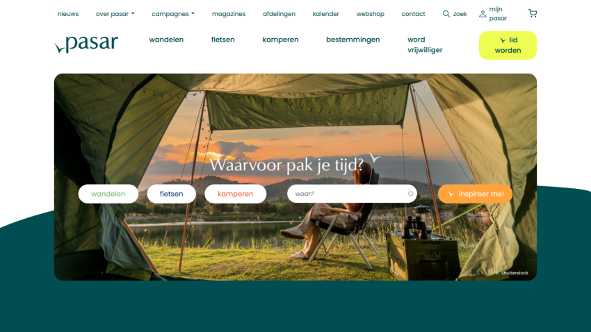 Pasar website with navigation menu and a camping-themed hero image featuring a person sitting by a lake at sunset