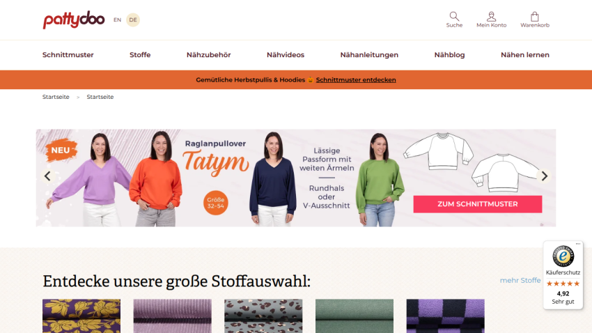 Homepage showcasing raglan pullover Tatym sewing pattern with models in colorful sweaters and fabric selection below
