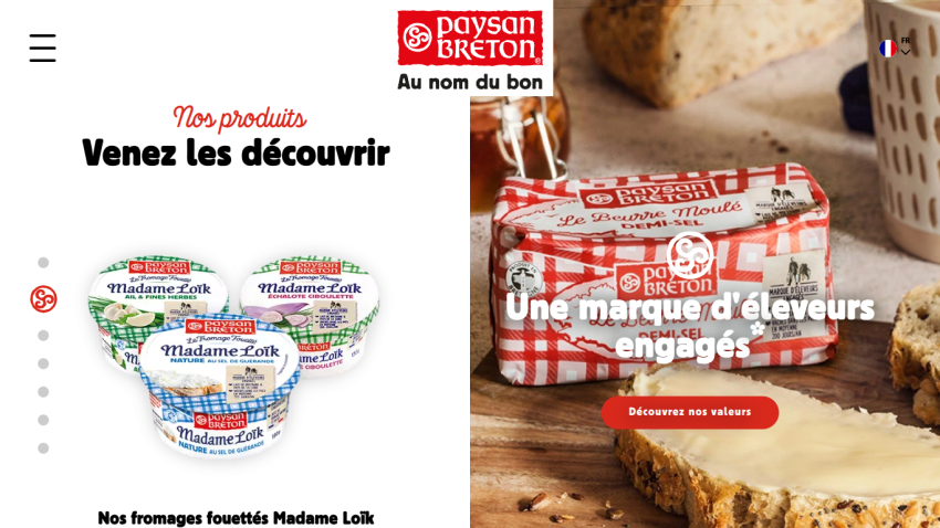 Paysan Breton homepage featuring whipped cheeses Madame Loïk and a butter product with a call to discover brand values