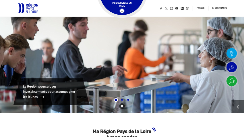 Website header for Région Pays de la Loire with images of people in a kitchen setting.