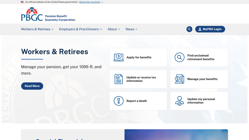 Homepage for PBGC with options for workers and retirees to manage pensions and benefits.