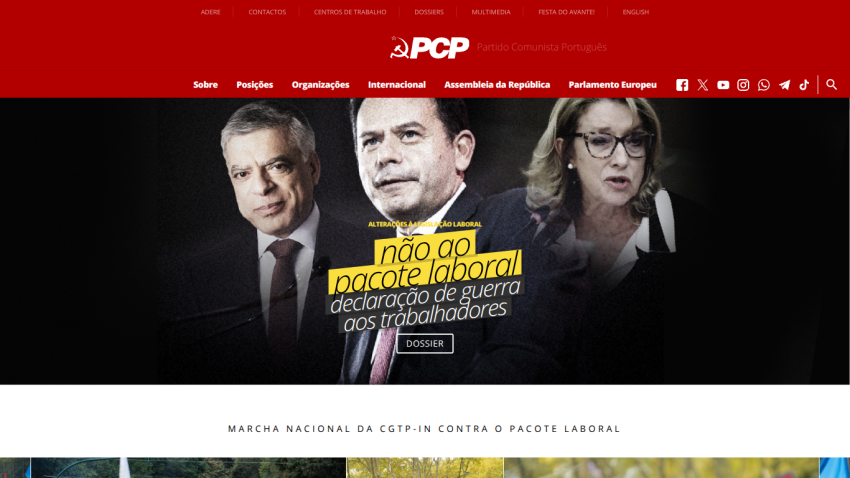 Portuguese Communist Party website with headline opposing labor package and declaring war on workers