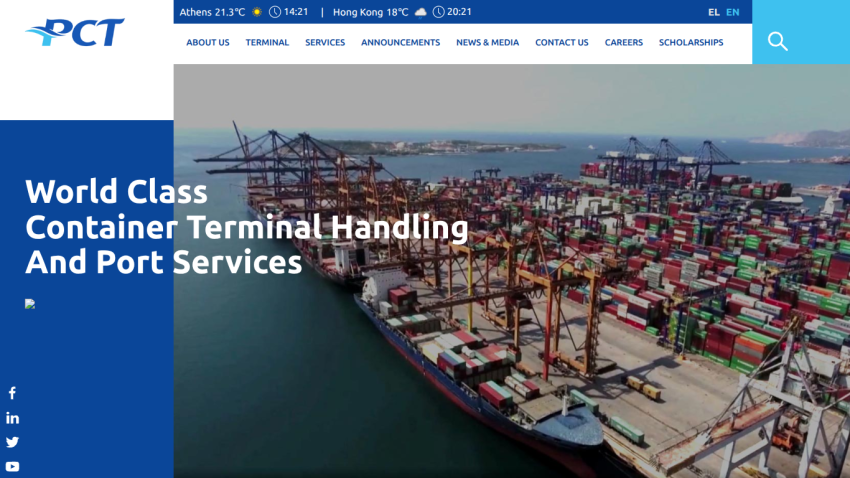 Container terminal with cranes and cargo ships, headline about world class container terminal handling and port services
