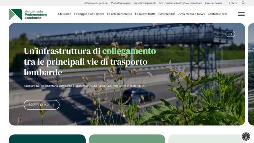 Homepage of Autostrada Pedemontana Lombarda showing a highway with plants in foreground and text about infrastructure connection in Lombardy