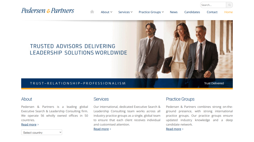 Pedersen & Partners homepage with navigation, tagline about leadership solutions, and sections on About, Services, and Practice Groups