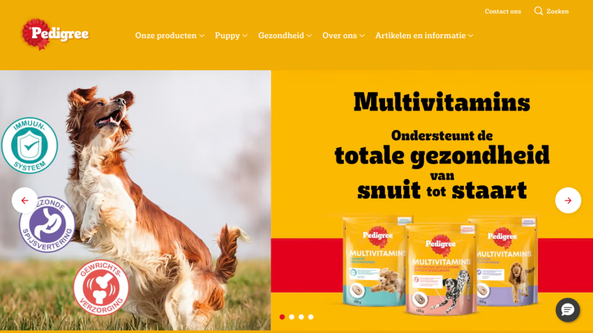 Pedigree website hero promoting multivitamins for total dog health from nose to tail with product images