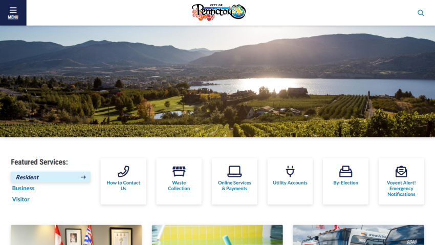City of Penticton website with scenic mountain and lake hero image and featured resident services icons