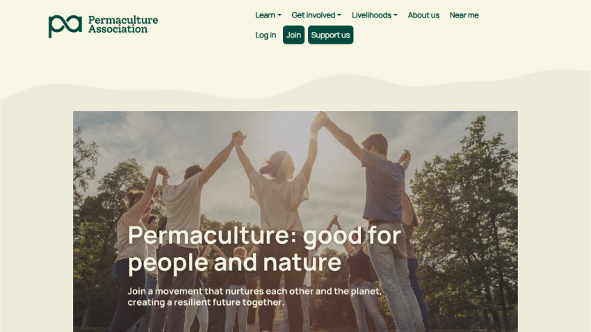 Permaculture Association website promoting a movement nurturing people and nature with join and support options