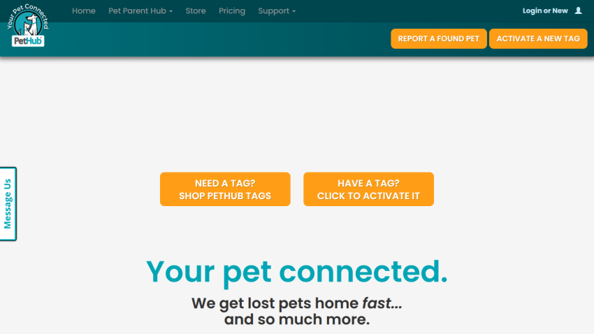 PetHub homepage with navigation, tagline 'Your pet connected.', and buttons to shop tags or activate a tag