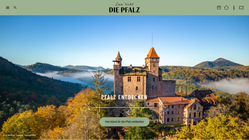 Tourism website featuring a castle in a forested mountainous region with a call to discover Pfalz