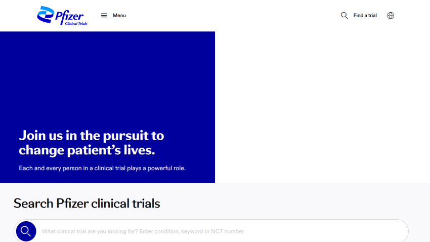Pfizer Clinical Trials homepage with a call to join clinical trials and a search bar for trials