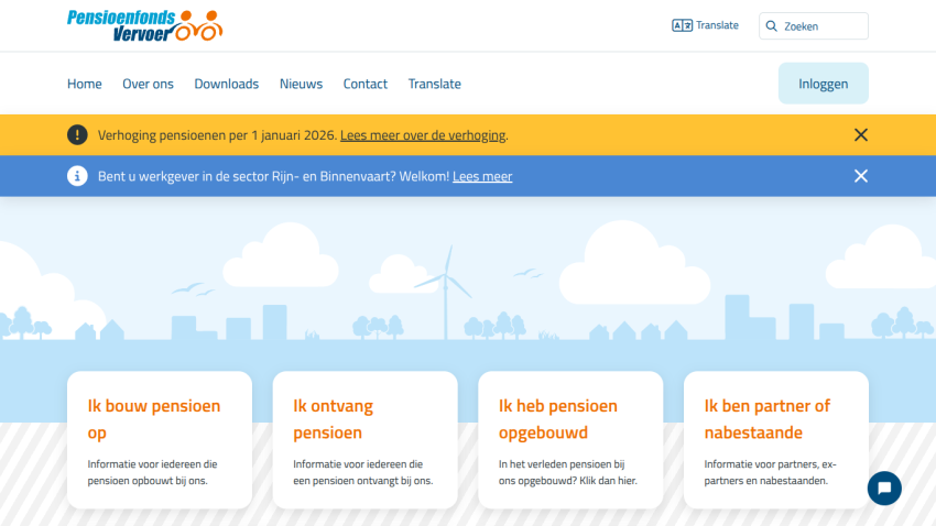 Homepage of Pensioenfonds Vervoer with pension information sections for builders, recipients, former builders, and partners