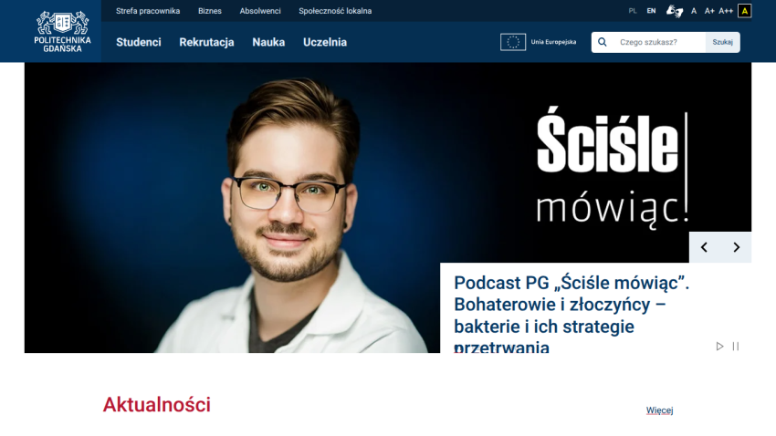 Homepage of a university featuring a podcast announcement and a student photo.