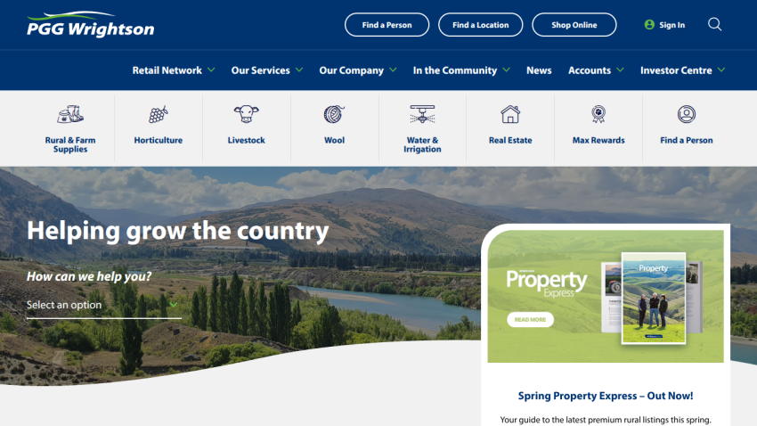 PGG Wrightson website with navigation and hero section titled Helping grow the country with a rural landscape background