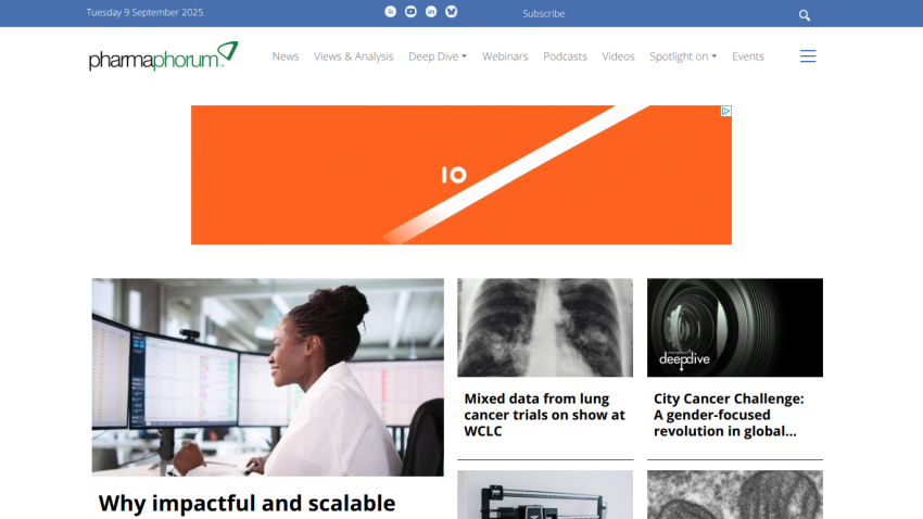 Pharma forum homepage featuring articles on cancer trials and challenges.