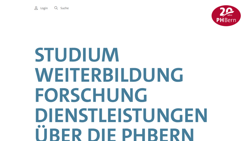 Homepage with large text listing Studium, Weiterbildung, Forschung, Dienstleistungen at PHBern with login and search options