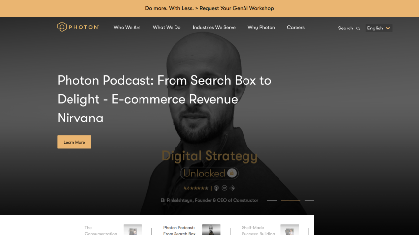 Photon website hero promoting a podcast on e-commerce revenue with navigation menu and call to action