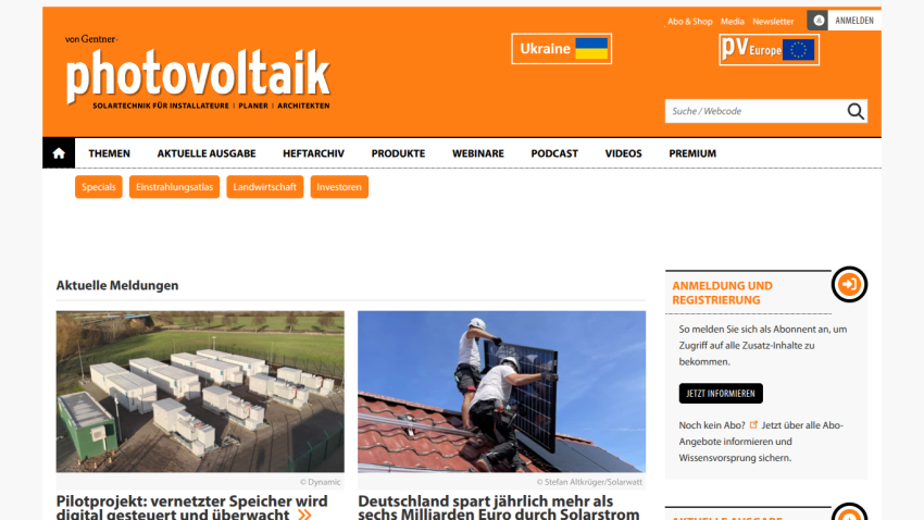 Photovoltaik website homepage with news articles on solar technology and subscription registration info