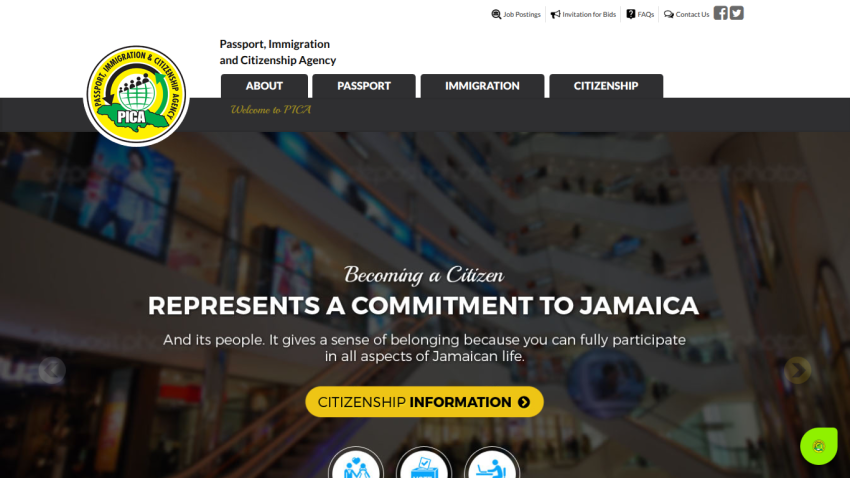 Passport, Immigration and Citizenship Agency homepage with navigation and citizenship commitment message