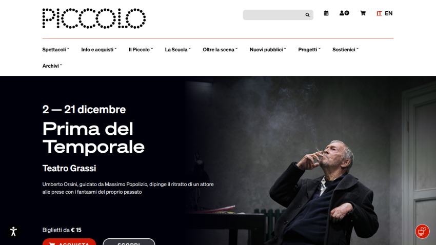 Theatre website promoting 'Prima del Temporale' show at Teatro Grassi from December 2 to 21 with ticket price from €15