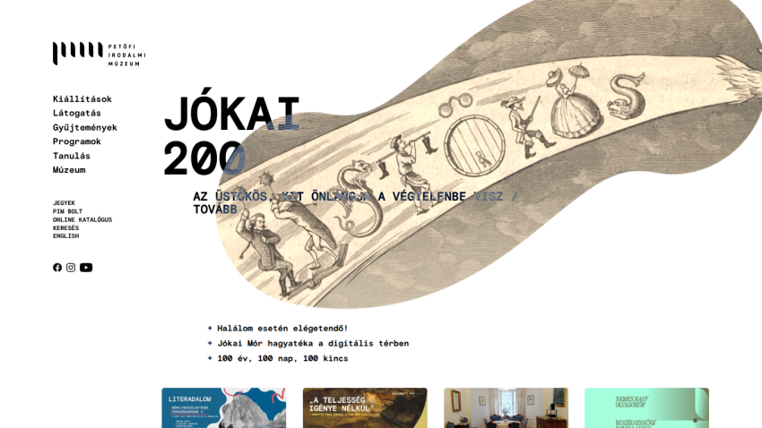 Petőfi Irodalmi Múzeum site with navigation menu and Jókai 200 exhibition promotion