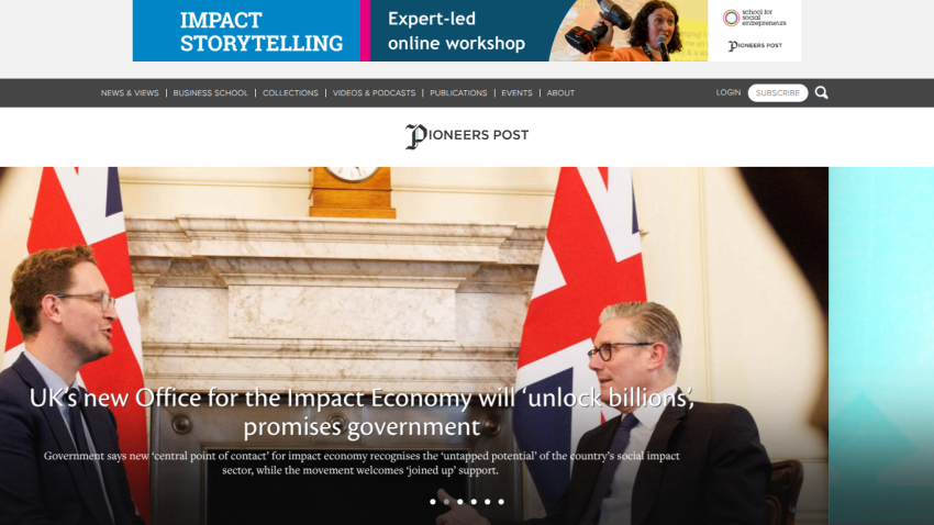 Pioneers Post homepage with headline about UK's new Office for the Impact Economy unlocking billions, government promises