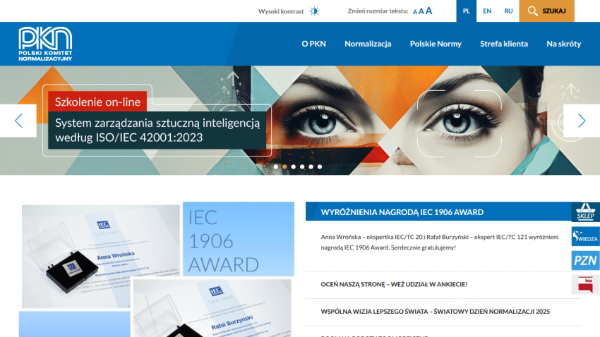 Polski Komitet Normalizacyjny website with online training on AI management system ISO/IEC 42001:2023 and IEC 1906 Award highlights